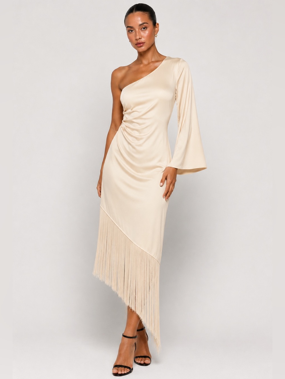 H&M One Shoulder Dress With Fringe Trim